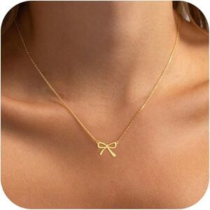 14K Gold Plated Cute Gold-Cable-6 Choker Small Bow Pendant Charm Necklaces